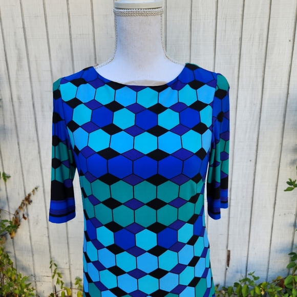 Eliza J Vintage Blue Black Geometric Mod Dress Size 4 - Picture 2 of 6
